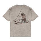 "lotus" T shirt oil washed light grey
