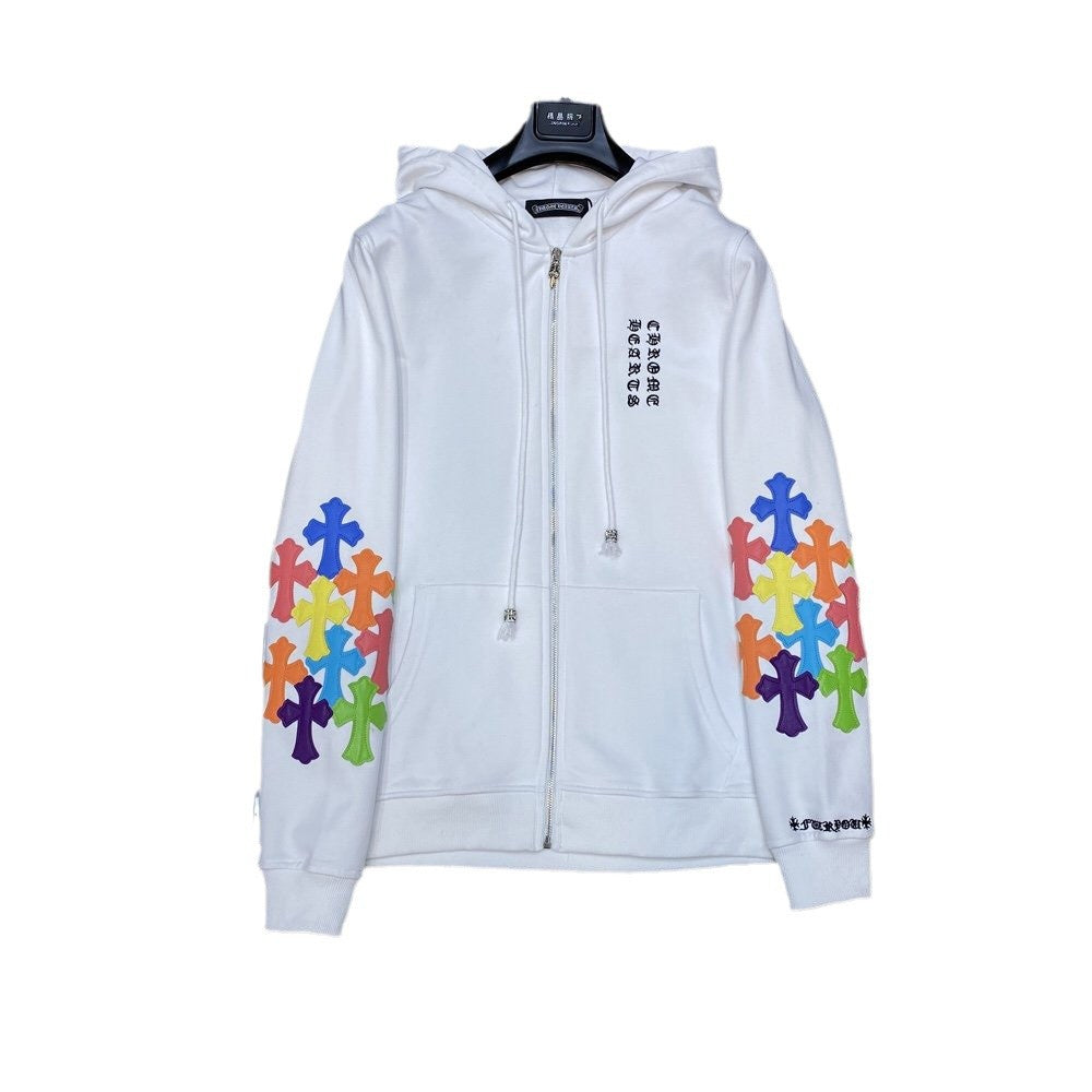 Chrome Heart Hoodie Crowe Double Arm Embroidered Colored Cross Group Leather Zip Sweater