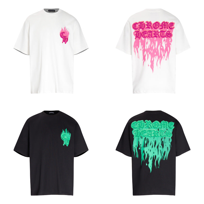 CHH Chrome Heart T Shirts Croix Flame Sanskrit Embroidery Printed T-Shirt Fashion Short Sleeve
