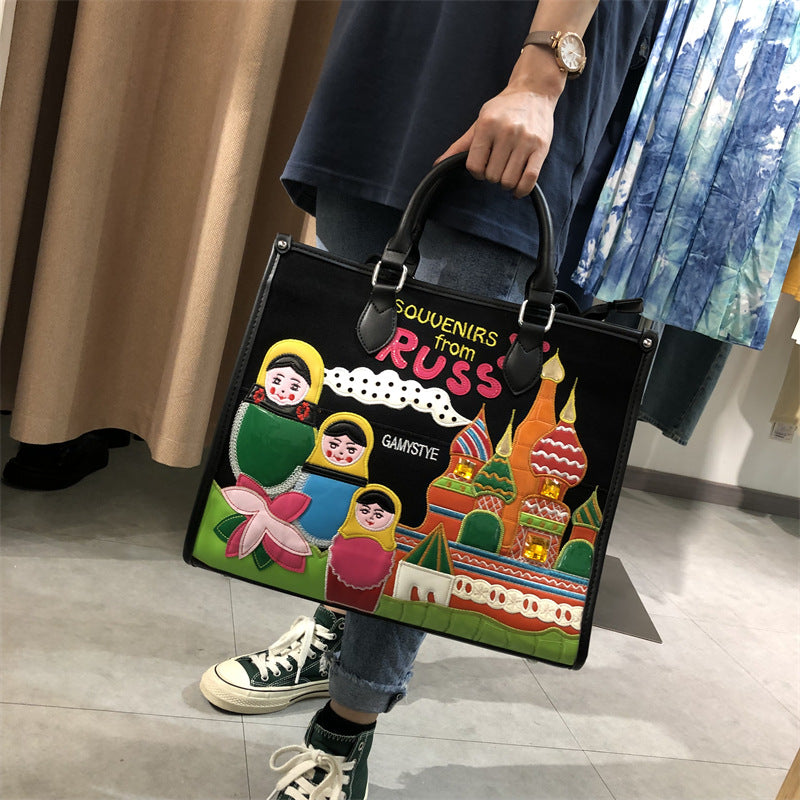 Chrome Heart Leather Bag Splicing Embroidered Tote Bag